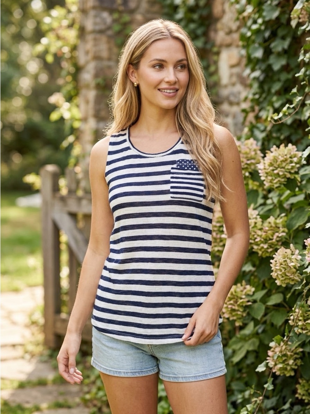 ANTHROPOLOGIE Navy Ivory Striped Polka Dot Pocket Coastal Nautical Tank Top